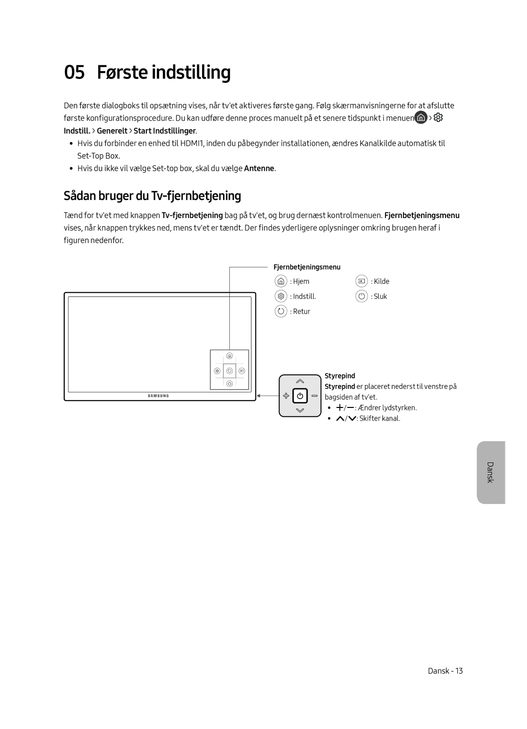 Samsung UE40MU6175UXXC manual 05 Første indstilling, Sådan bruger du Tv-fjernbetjening, Fjernbetjeningsmenu, Styrepind 