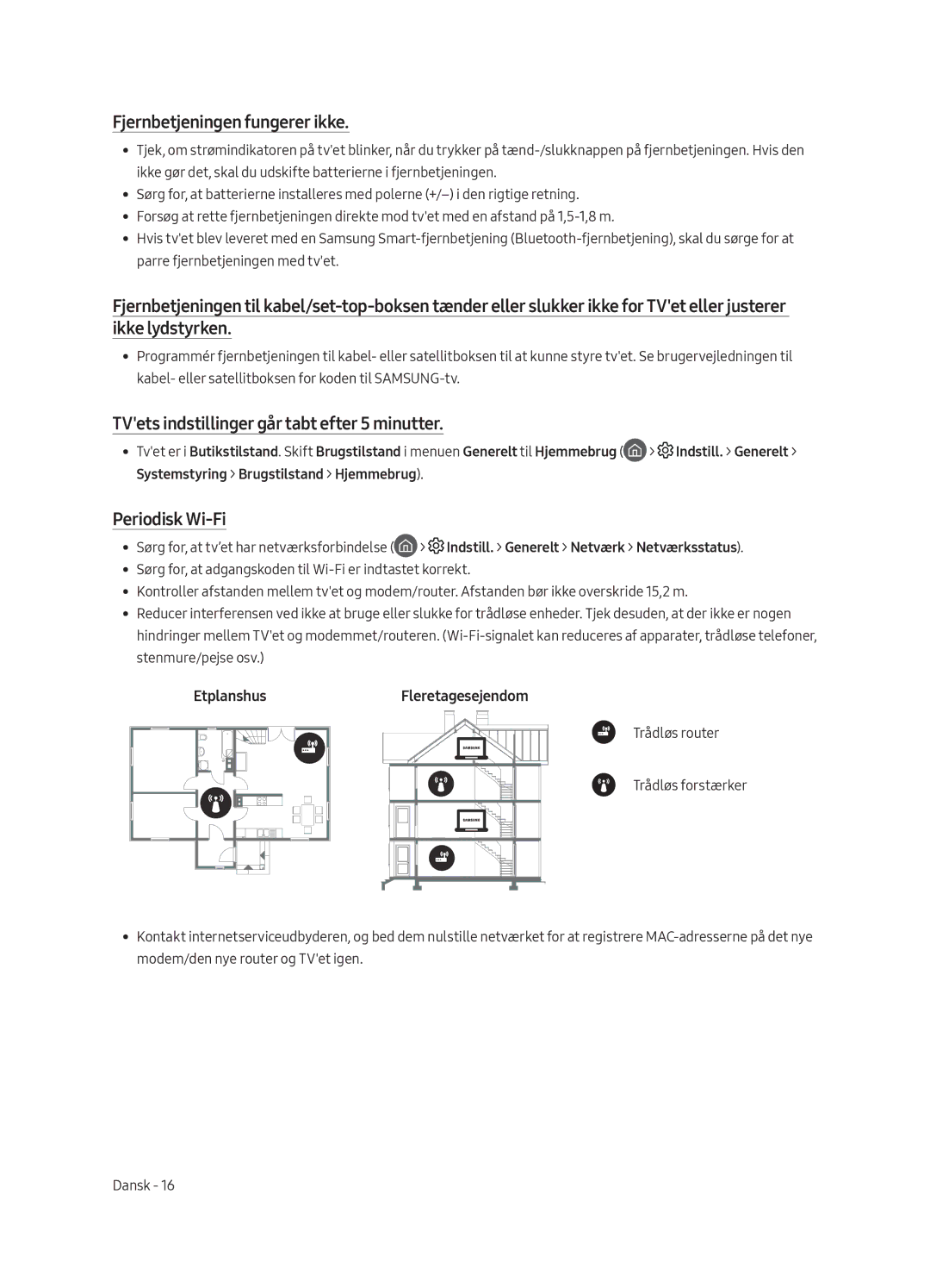 Samsung UE65MU6105KXXC Fjernbetjeningen fungerer ikke, TVets indstillinger går tabt efter 5 minutter, Periodisk Wi-Fi 