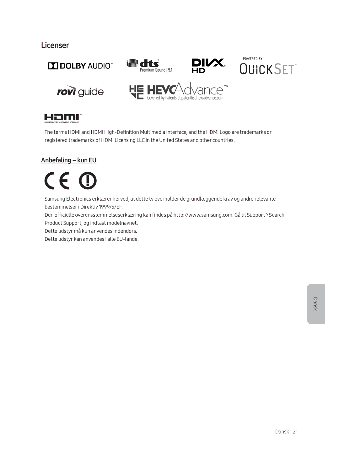 Samsung UE43MU6175UXXC, UE55MU6105KXXC, UE75MU6105KXXC, UE40MU6175UXXC, UE49MU6175UXXC manual Licenser, Anbefaling kun EU 