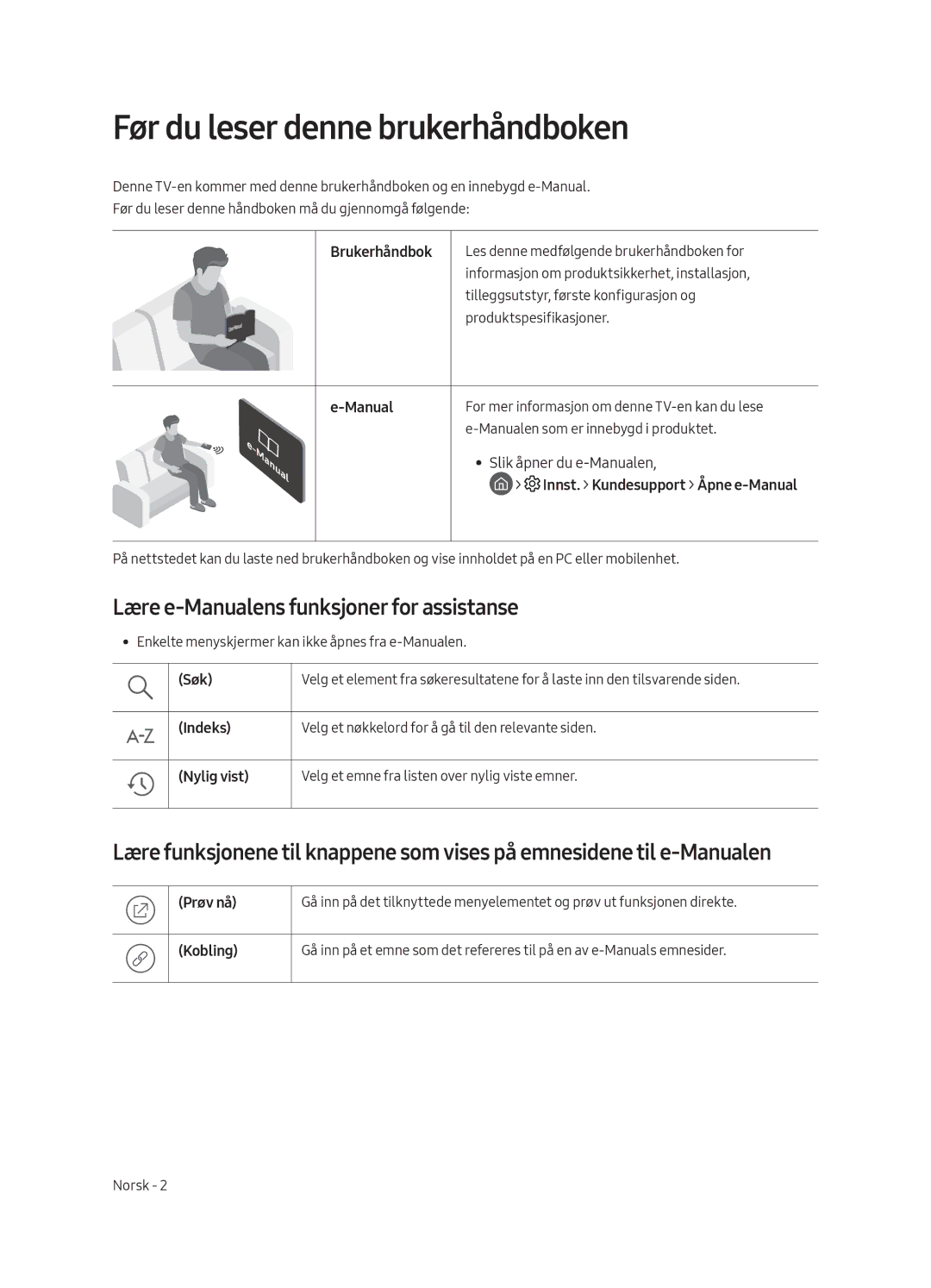 Samsung UE55MU6105KXXC, UE75MU6105KXXC manual Før du leser denne brukerhåndboken, Lære e-Manualens funksjoner for assistanse 