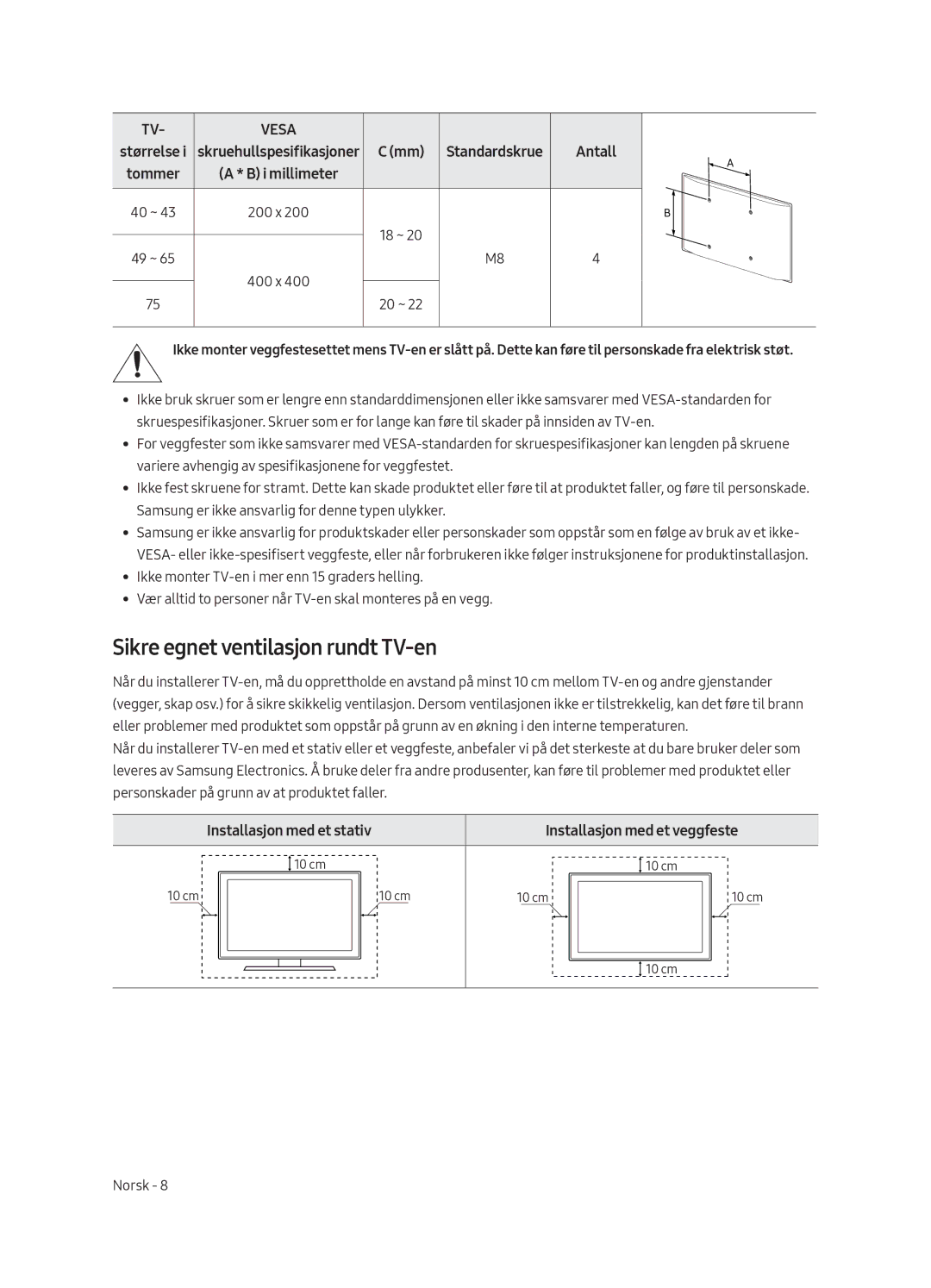 Samsung UE55MU6175UXXC manual Sikre egnet ventilasjon rundt TV-en, Antall, Størrelse Skruehullspesifikasjoner Standardskrue 