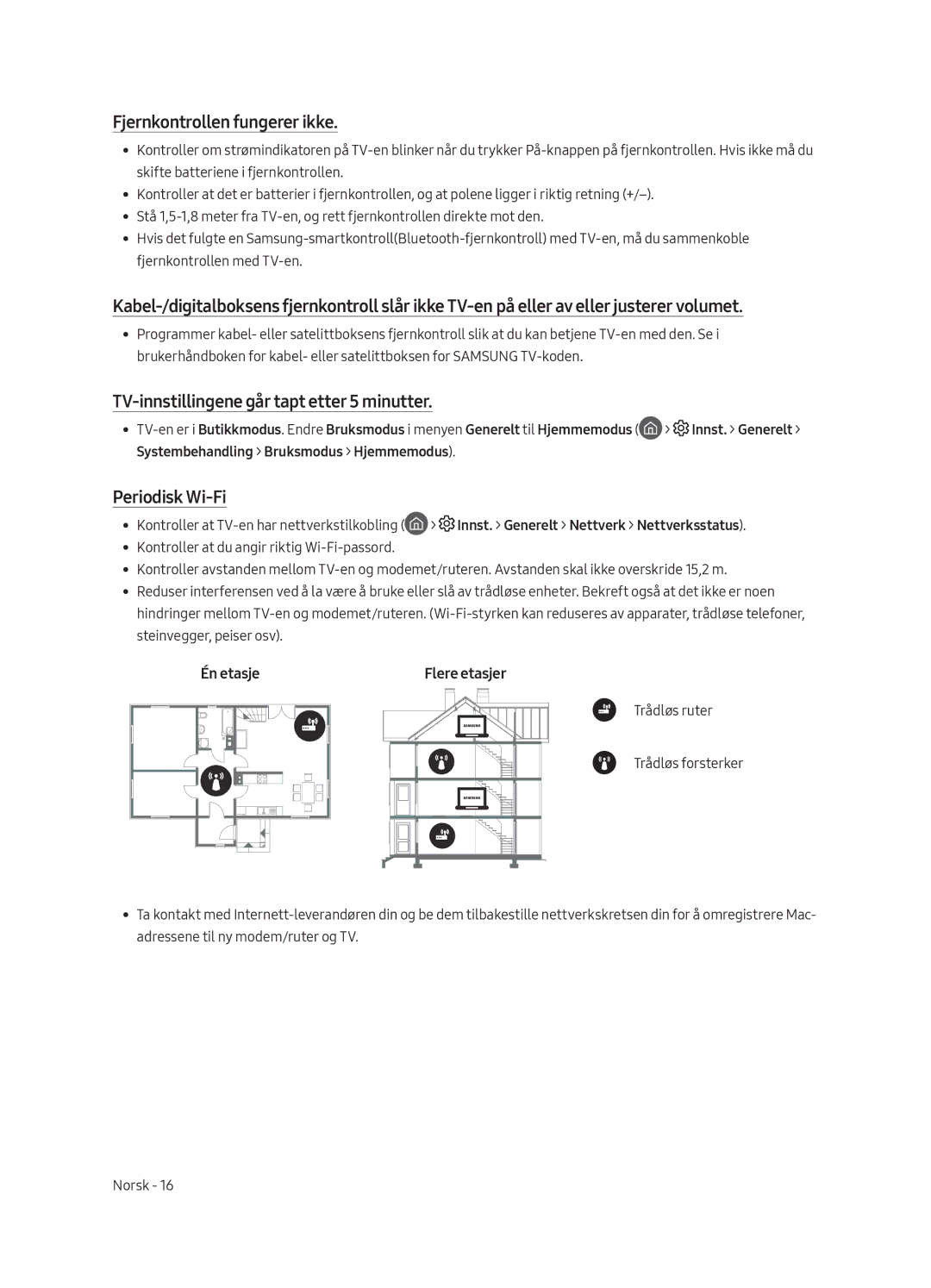 Samsung UE75MU6105KXXC Fjernkontrollen fungerer ikke, TV-innstillingene går tapt etter 5 minutter, Én etasje Flere etasjer 