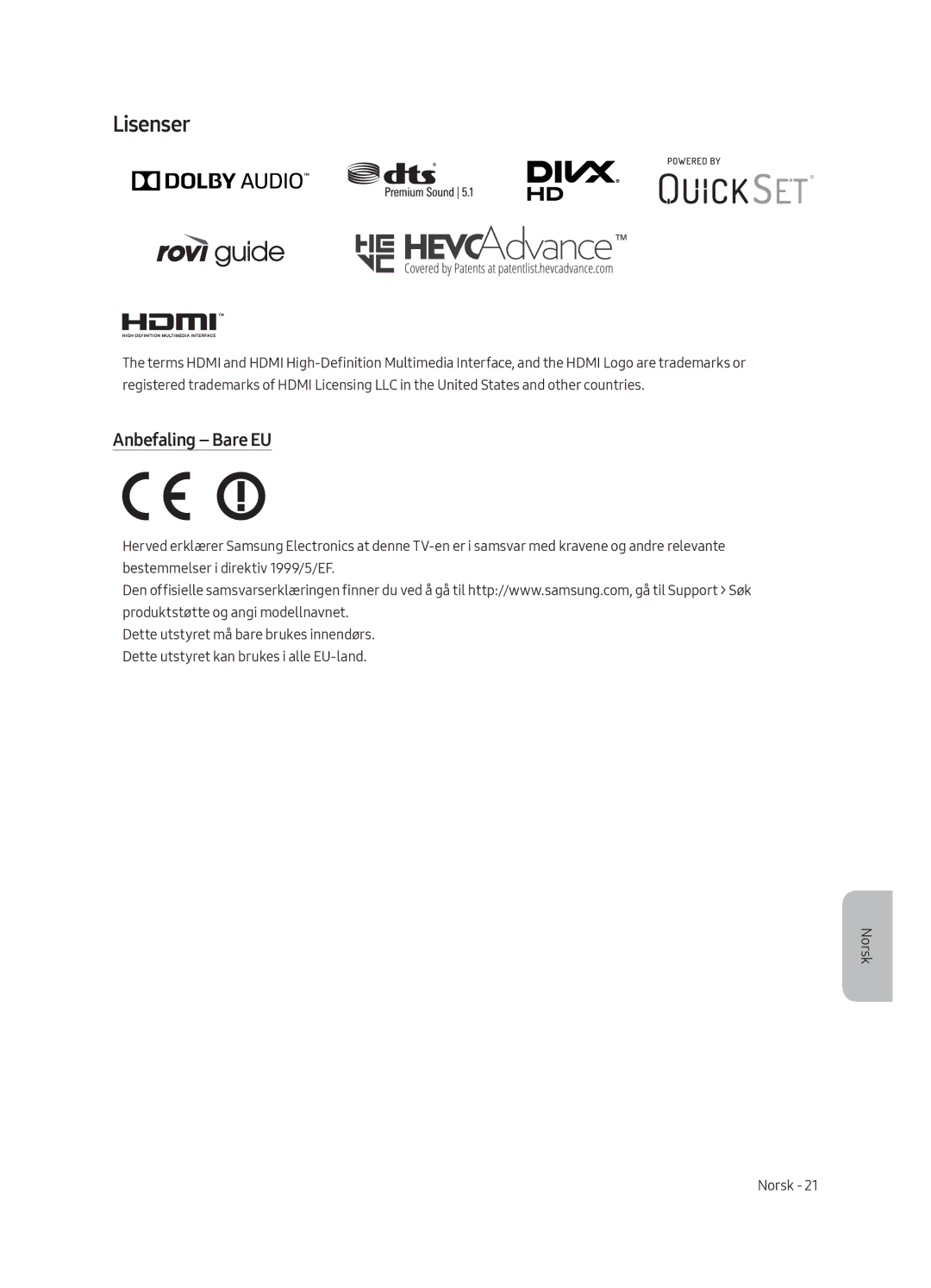 Samsung UE55MU6175UXXC, UE55MU6105KXXC, UE75MU6105KXXC, UE40MU6175UXXC, UE49MU6175UXXC manual Lisenser, Anbefaling Bare EU 