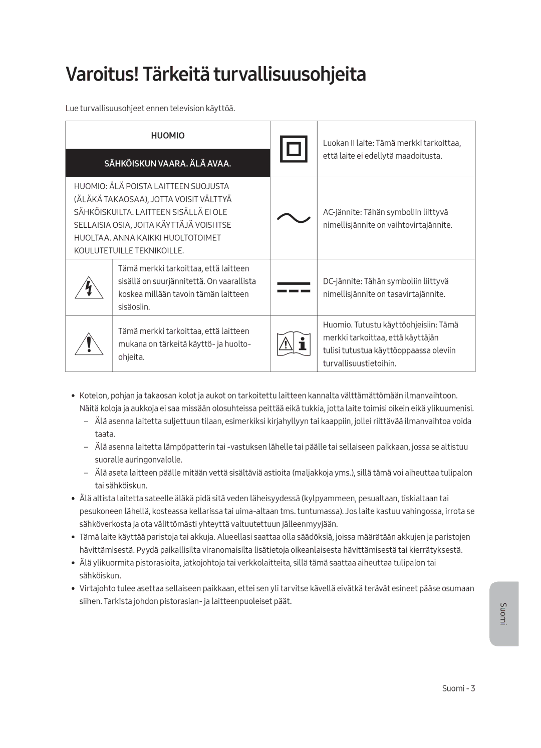 Samsung UE43MU6175UXXC, UE55MU6105KXXC, UE75MU6105KXXC Varoitus! Tärkeitä turvallisuusohjeita, Sähköiskun VAARA. ÄLÄ Avaa 