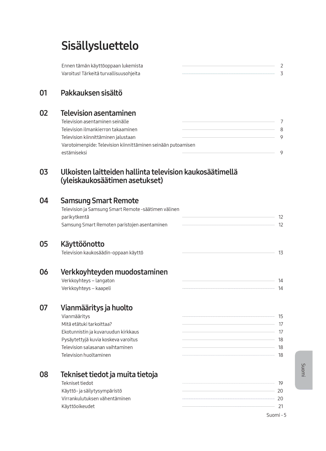 Samsung UE75MU6175UXXC, UE55MU6105KXXC, UE75MU6105KXXC manual Sisällysluettelo, Pakkauksen sisältö Television asentaminen 