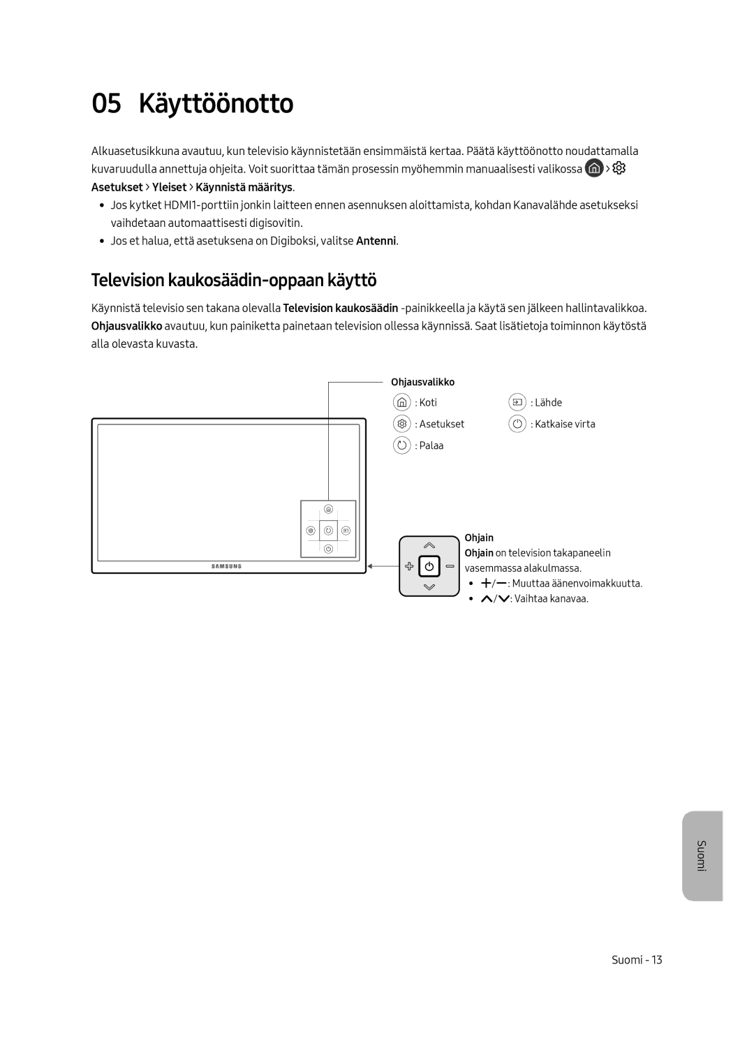 Samsung UE43MU6105KXXC, UE55MU6105KXXC manual 05 Käyttöönotto, Television kaukosäädin-oppaan käyttö, Ohjausvalikko, Ohjain 