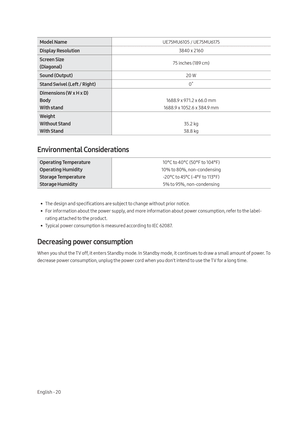 Samsung UE43MU6105KXXC manual Environmental Considerations, Decreasing power consumption, UE75MU6105 / UE75MU6175, 38.8 kg 