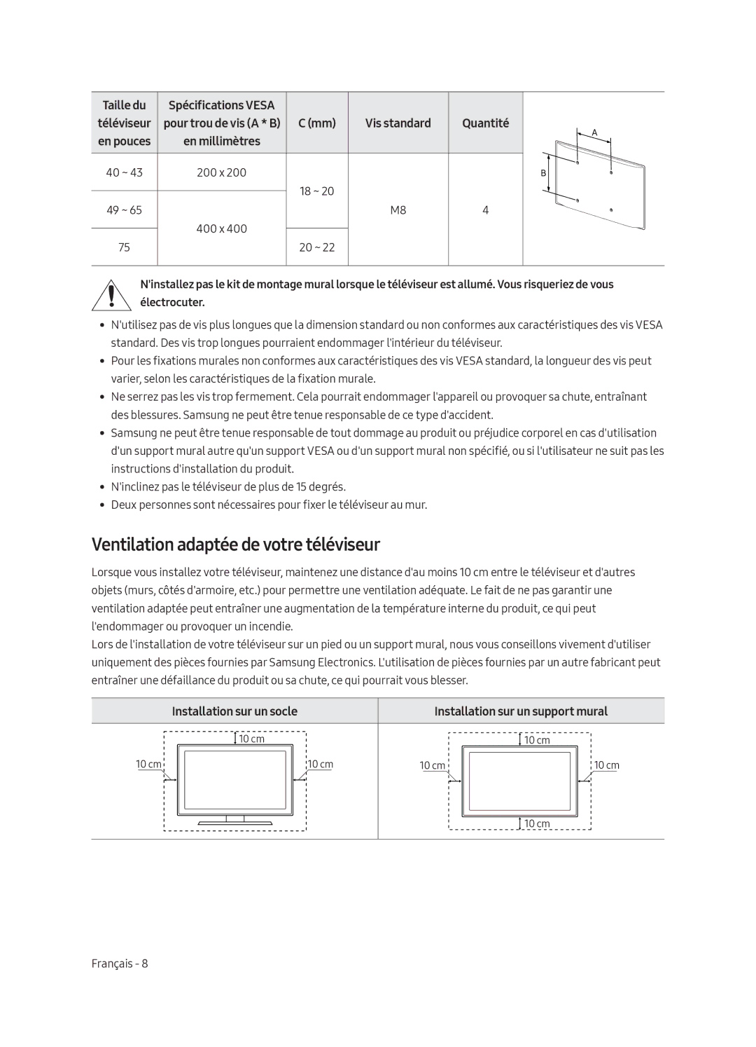 Samsung UE49MU6105KXXC Ventilation adaptée de votre téléviseur, Taille du, Installation sur un socle, Spécifications Vesa 