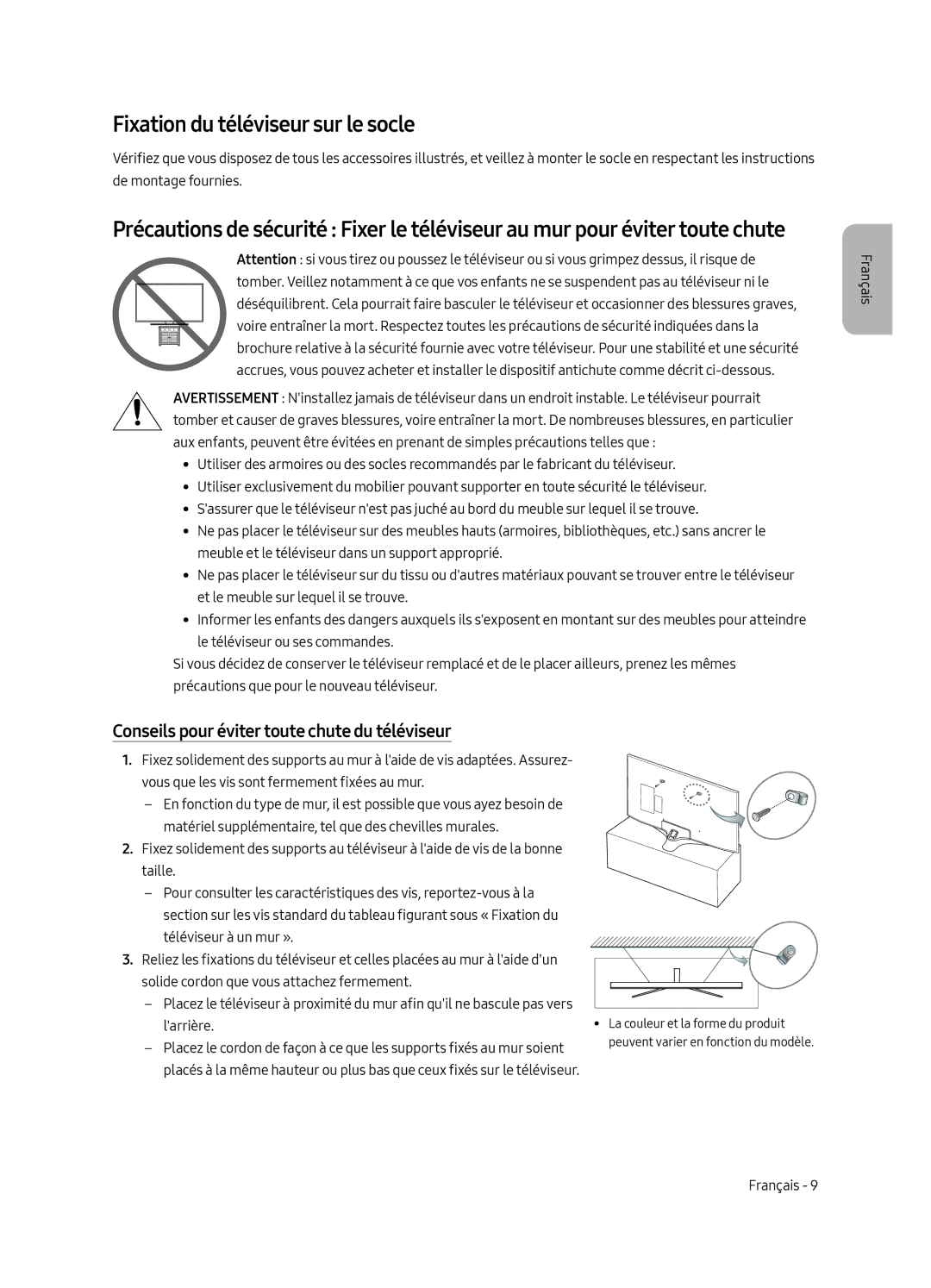 Samsung UE65MU6105KXXC, UE55MU6105KXXC Fixation du téléviseur sur le socle, Conseils pour éviter toute chute du téléviseur 