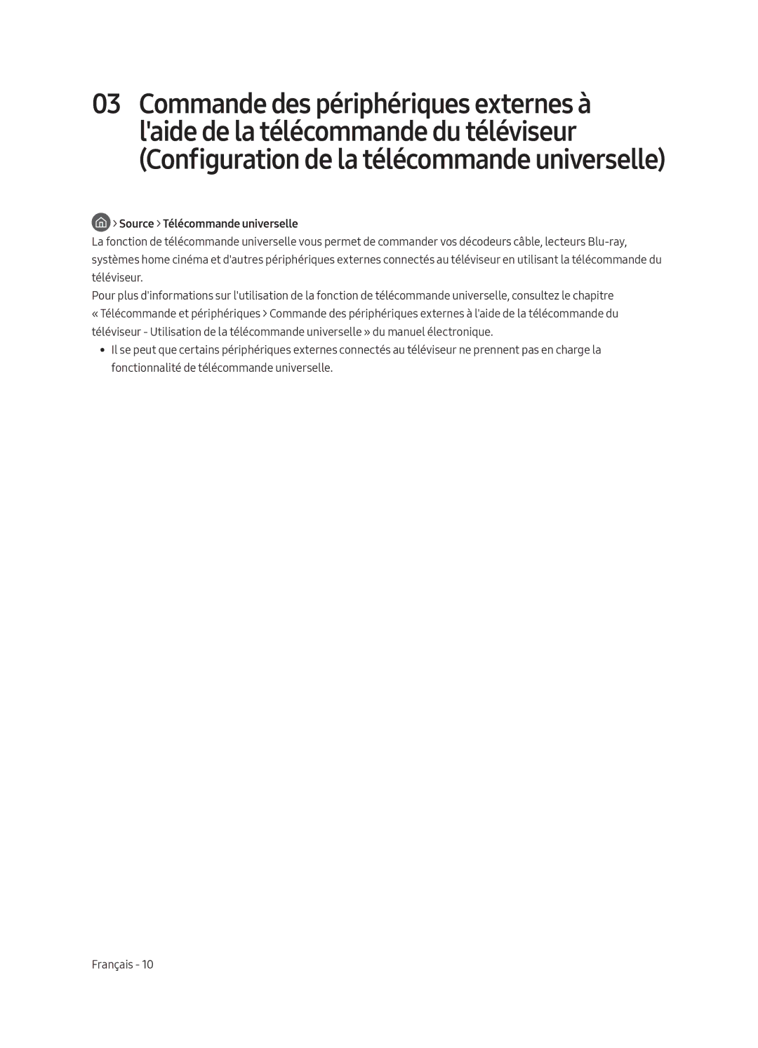 Samsung UE55MU6175UXXC, UE55MU6105KXXC manual Configuration de la télécommande universelle, Source Télécommande universelle 