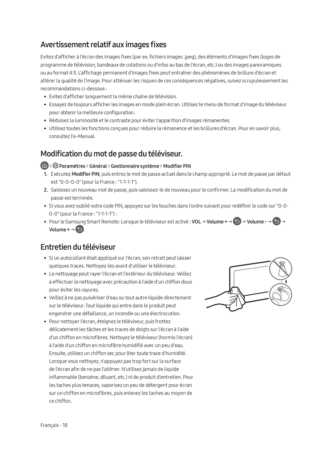 Samsung UE75MU6105KXXC Avertissement relatif aux images fixes, Modification du mot de passe du téléviseur, Volume + → 