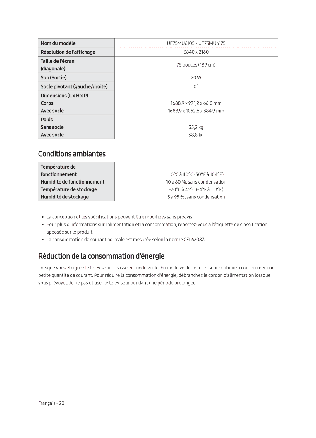 Samsung UE49MU6175UXXC, UE55MU6105KXXC manual Conditions ambiantes, Réduction de la consommation dénergie, 38,8 kg, 35,2 kg 