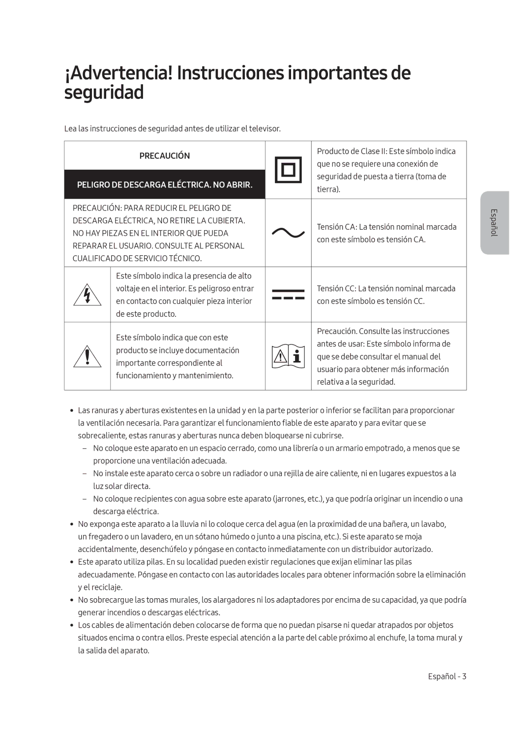 Samsung UE65MU6175UXXC, UE55MU6105KXXC, UE75MU6105KXXC ¡Advertencia! Instrucciones importantes de seguridad, Precaución 