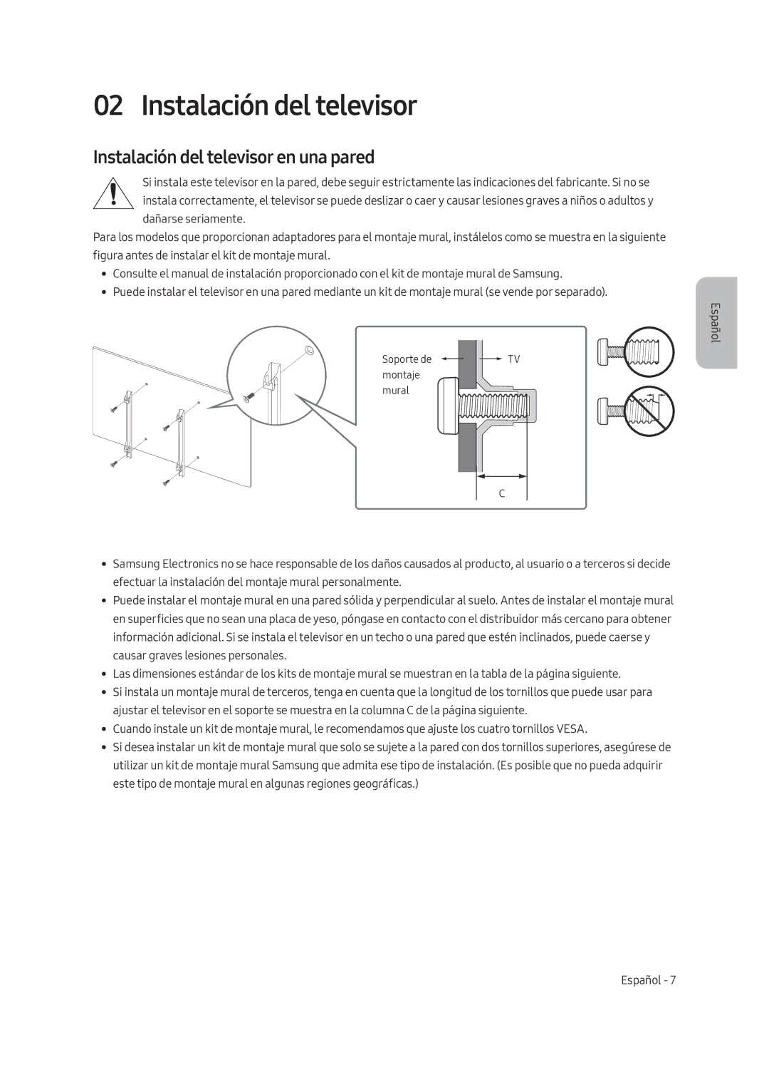 Samsung UE75MU6175UXXC, UE55MU6105KXXC, UE75MU6105KXXC, UE40MU6175UXXC manual Instalación del televisor en una pared 