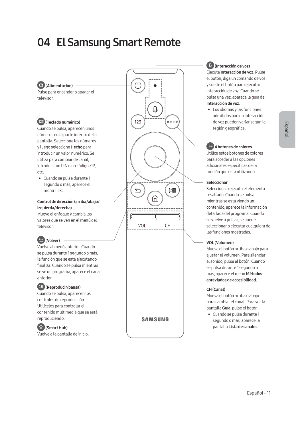 Samsung UE49MU6175UXXC, UE55MU6105KXXC manual El Samsung Smart Remote, Alimentación, Volver, Seleccionar, VOL Volumen 