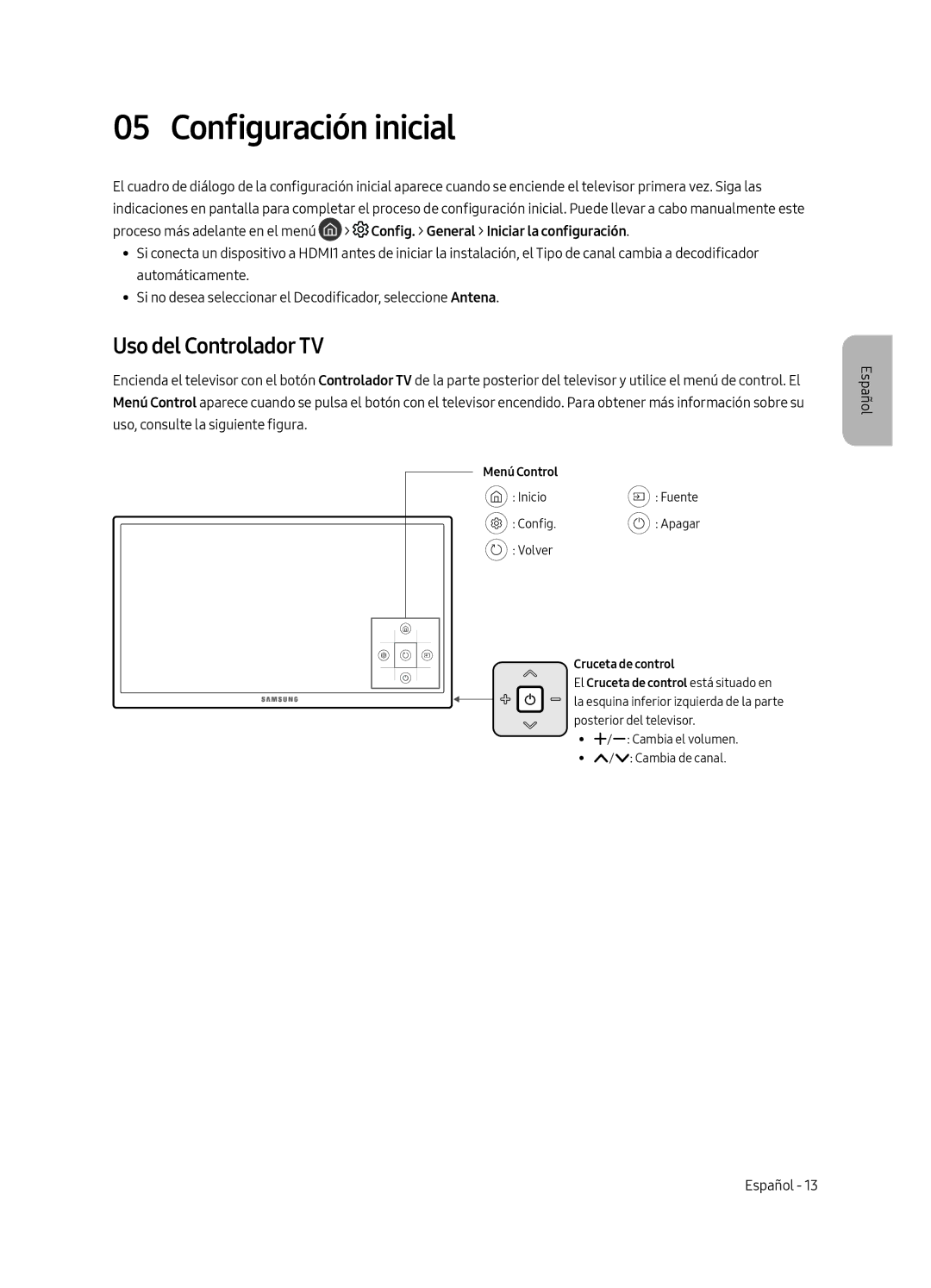 Samsung UE65MU6105KXXC, UE55MU6105KXXC, UE75MU6105KXXC manual Configuración inicial, Uso del Controlador TV, Menú Control 