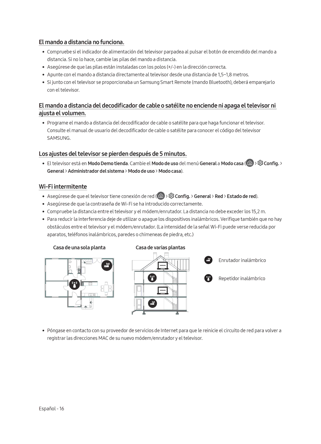 Samsung UE65MU6175UXXC manual El mando a distancia no funciona, Los ajustes del televisor se pierden después de 5 minutos 