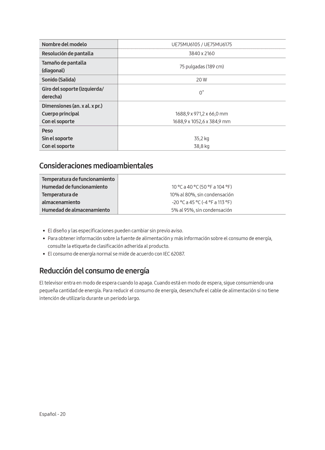 Samsung UE75MU6175UXXC, UE55MU6105KXXC, UE75MU6105KXXC Consideraciones medioambientales, Reducción del consumo de energía 