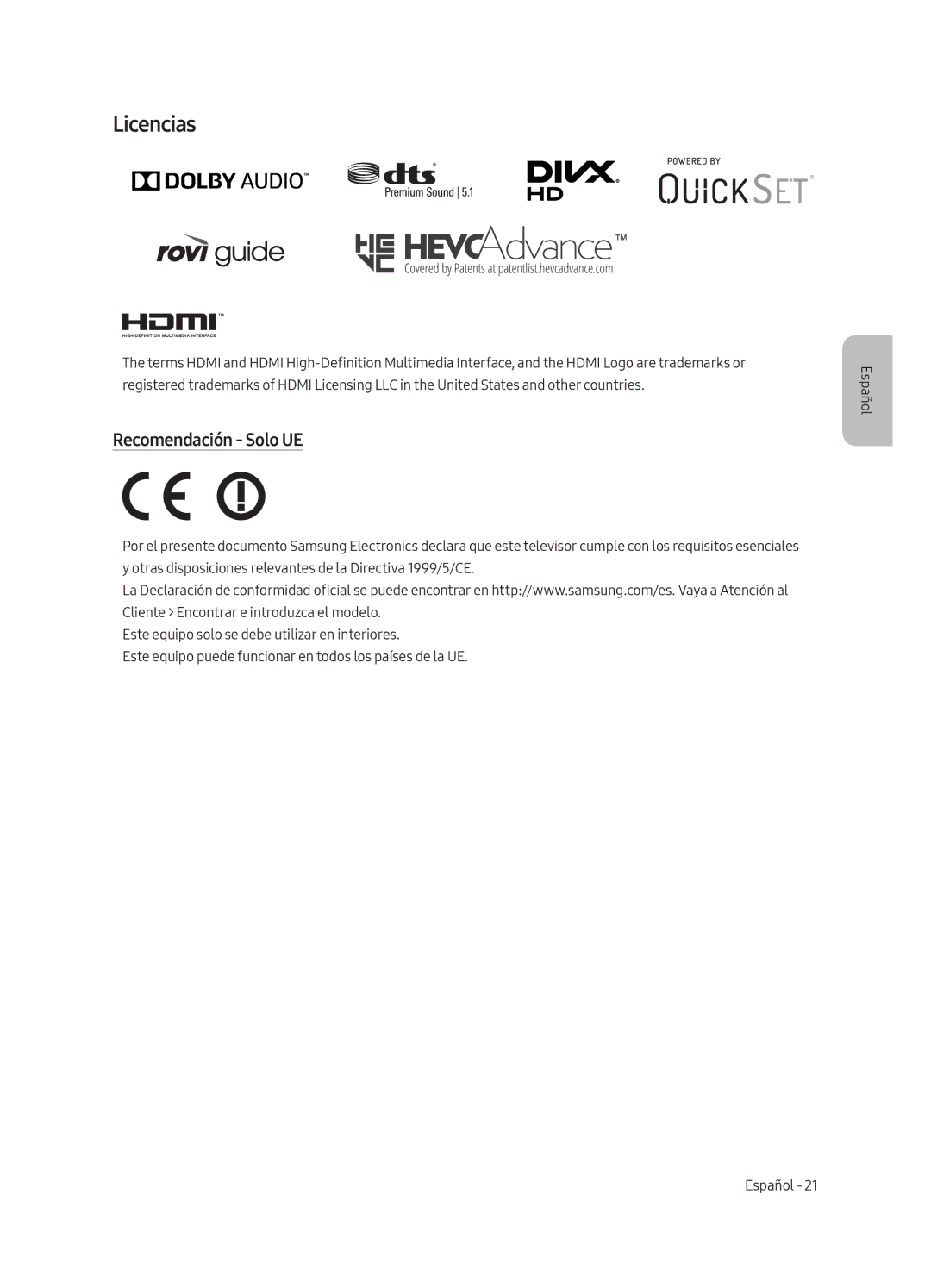 Samsung UE55MU6105KXXC, UE75MU6105KXXC, UE40MU6175UXXC, UE49MU6175UXXC, UE49MU6105KXXC manual Licencias, Recomendación Solo UE 