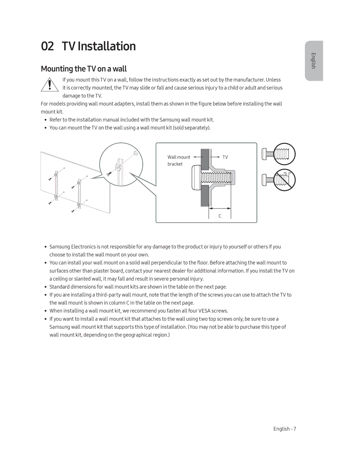 Samsung UE43MU6105KXXC, UE55MU6105KXXC, UE75MU6105KXXC, UE40MU6175UXXC manual TV Installation, Mounting the TV on a wall 