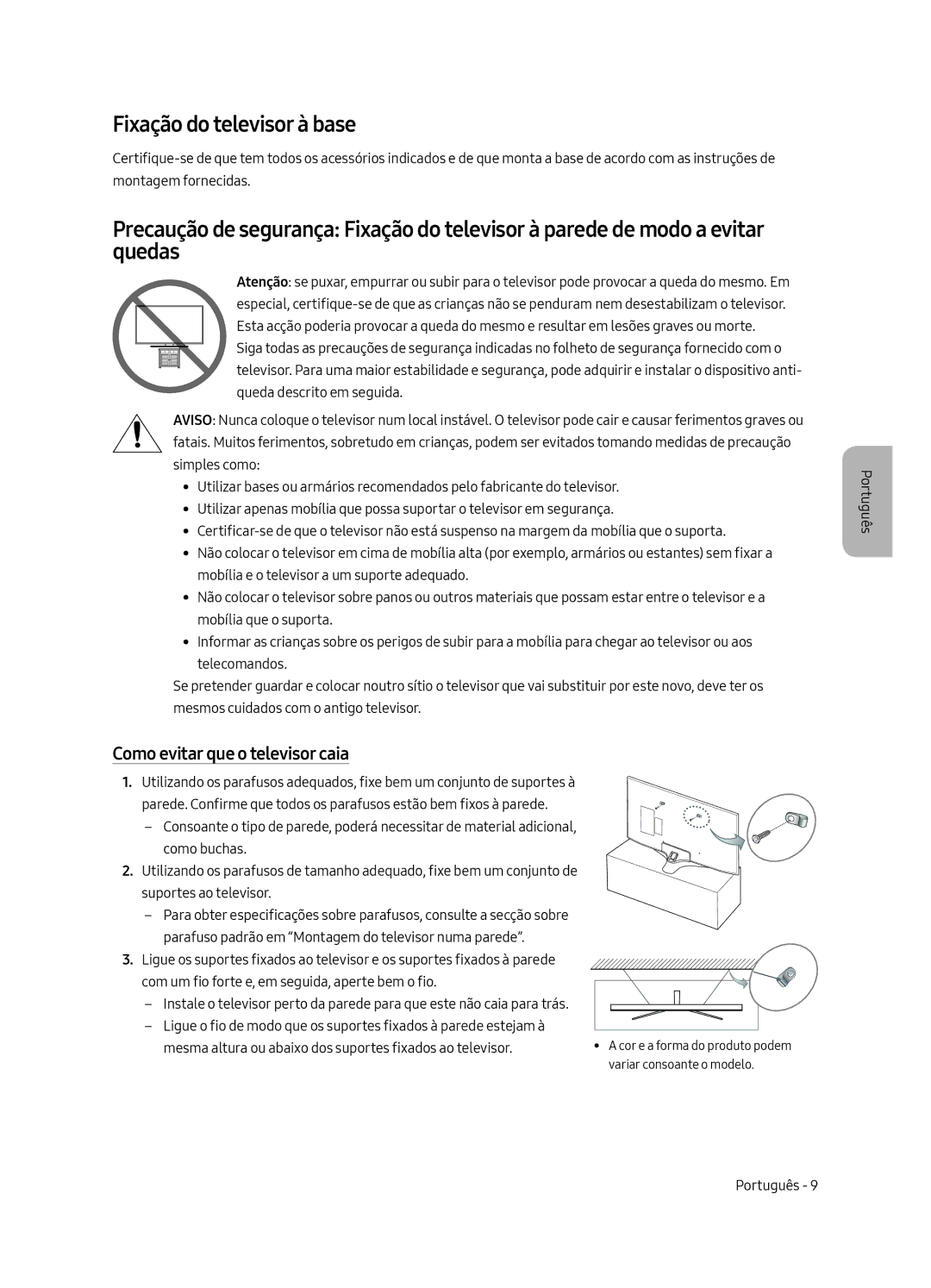 Samsung UE43MU6175UXXC, UE55MU6105KXXC, UE75MU6105KXXC manual Fixação do televisor à base, Como evitar que o televisor caia 