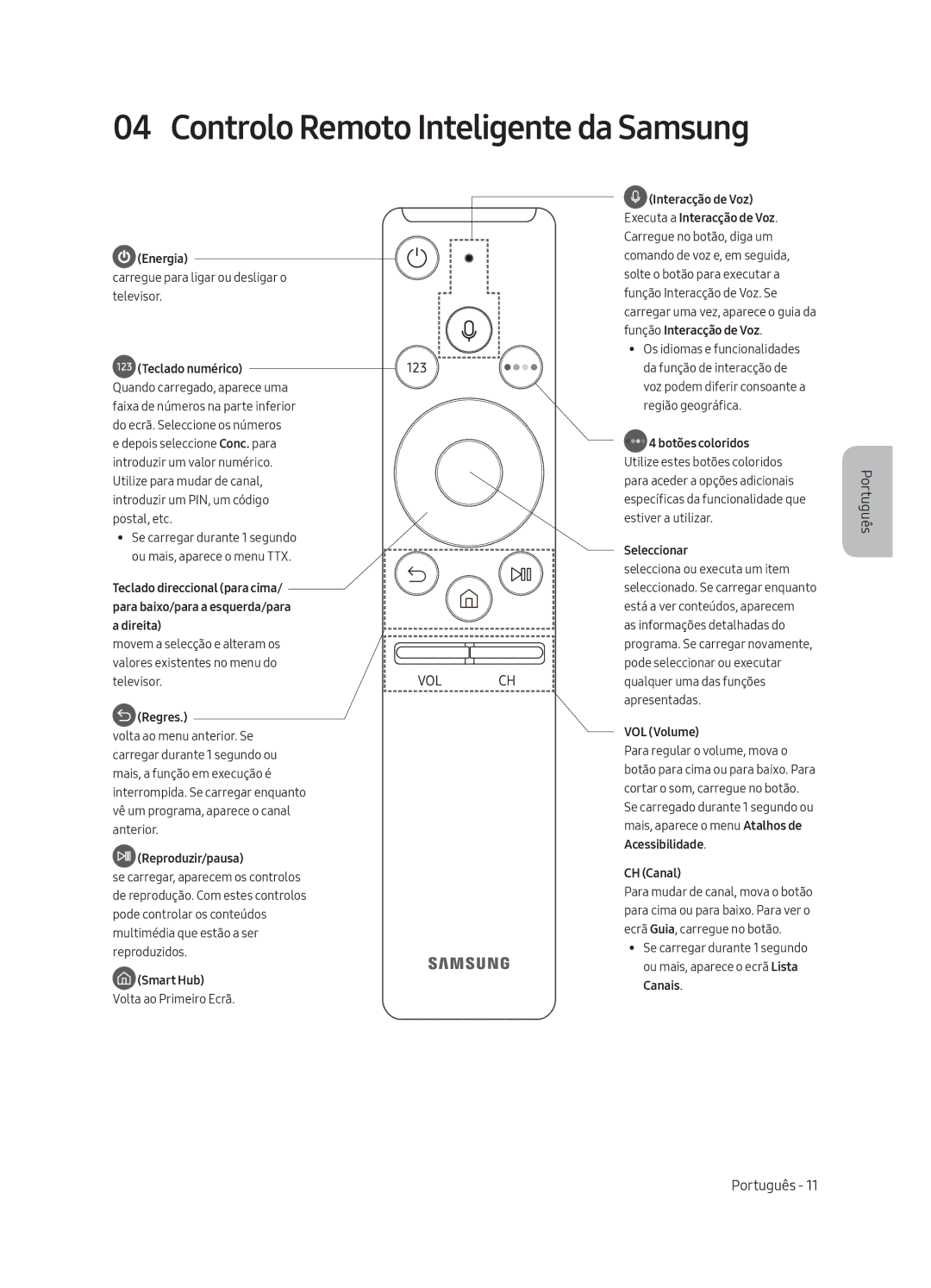 Samsung UE75MU6175UXXC, UE55MU6105KXXC manual Controlo Remoto Inteligente da Samsung, Energia, Regres, Reproduzir/pausa 