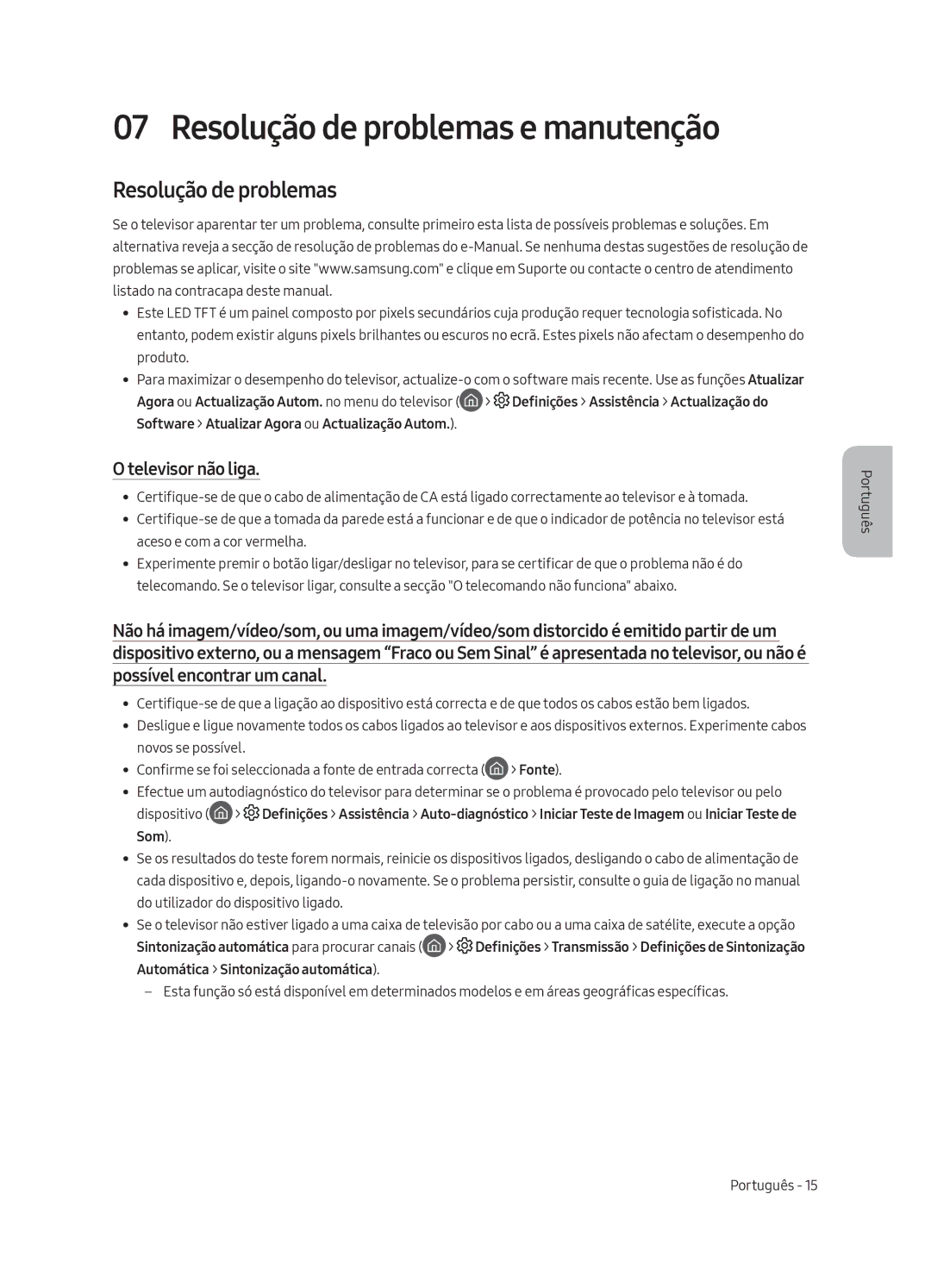 Samsung UE49MU6175UXXC, UE55MU6105KXXC, UE75MU6105KXXC manual Resolução de problemas e manutenção, Televisor não liga 