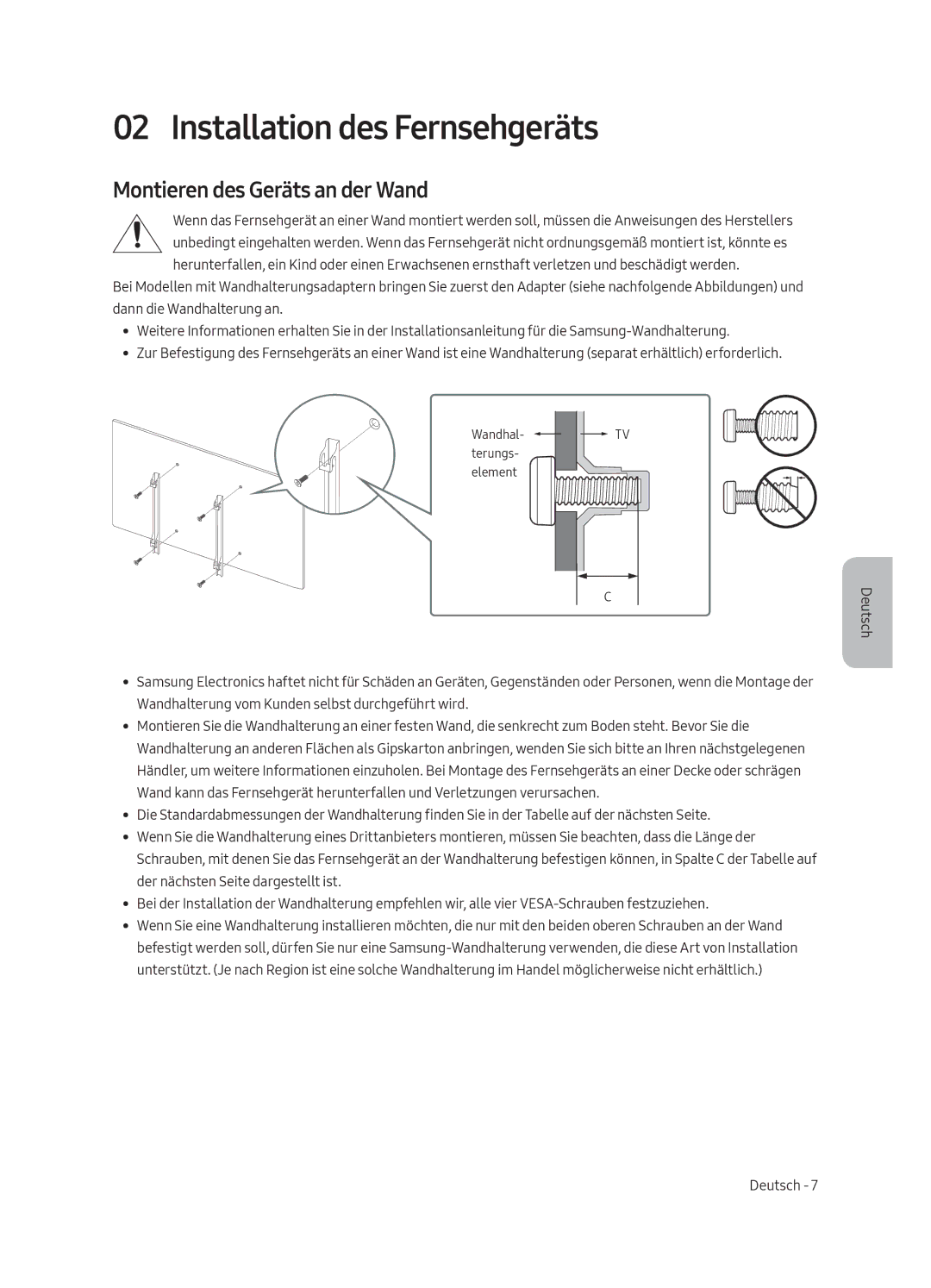 Samsung UE49MU6105KXXC, UE55MU6105KXXC, UE75MU6105KXXC Installation des Fernsehgeräts, Montieren des Geräts an der Wand 