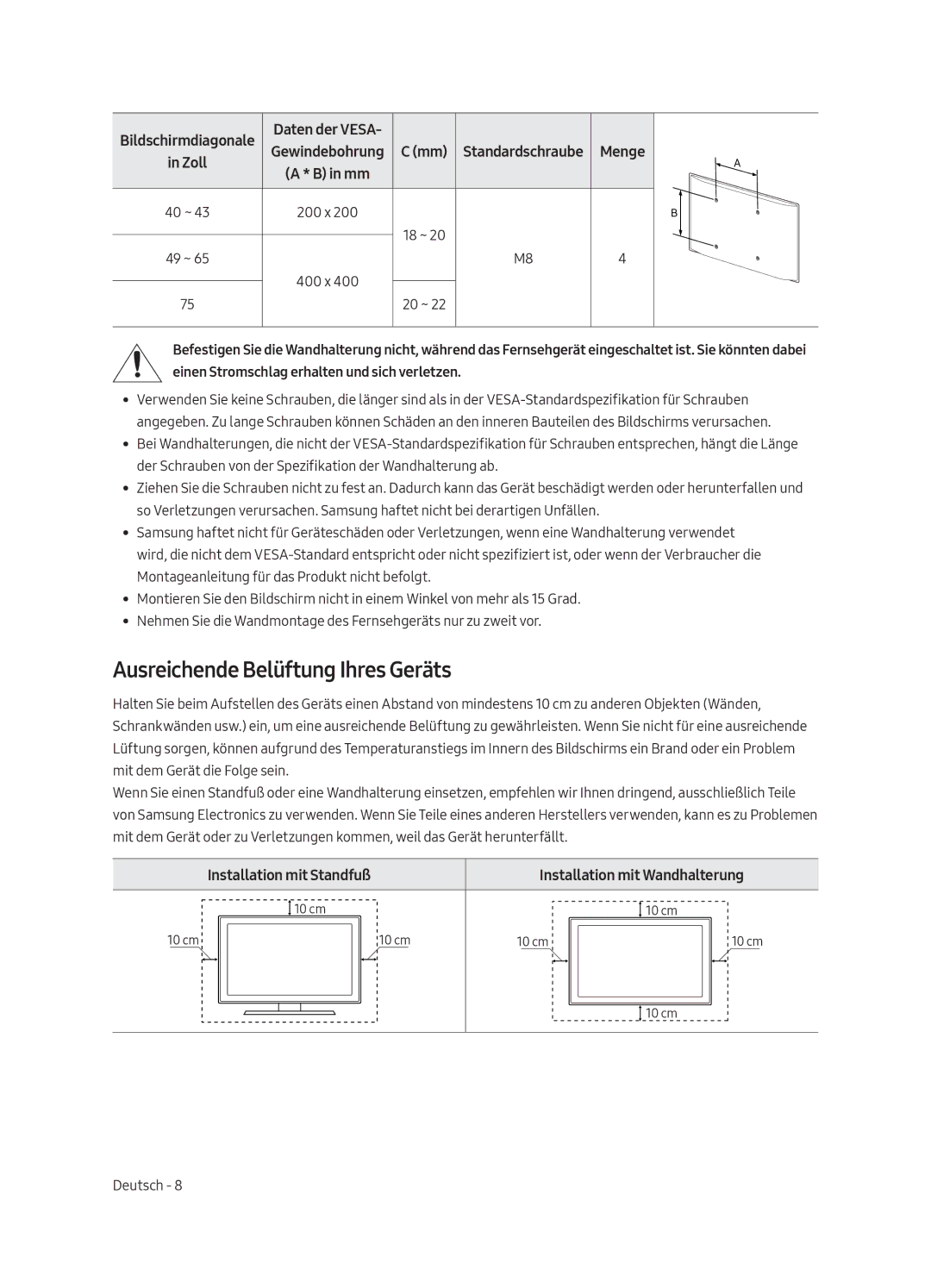 Samsung UE65MU6105KXXC, UE55MU6105KXXC, UE75MU6105KXXC manual Ausreichende Belüftung Ihres Geräts, Daten der Vesa, 200 x 18 ~ 