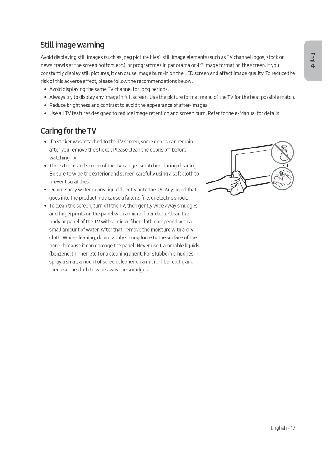 Samsung UE49MU6200KXZT, UE55MU6200KXZT, UE65MU6200KXZT manual Still image warning, Caring for the TV 