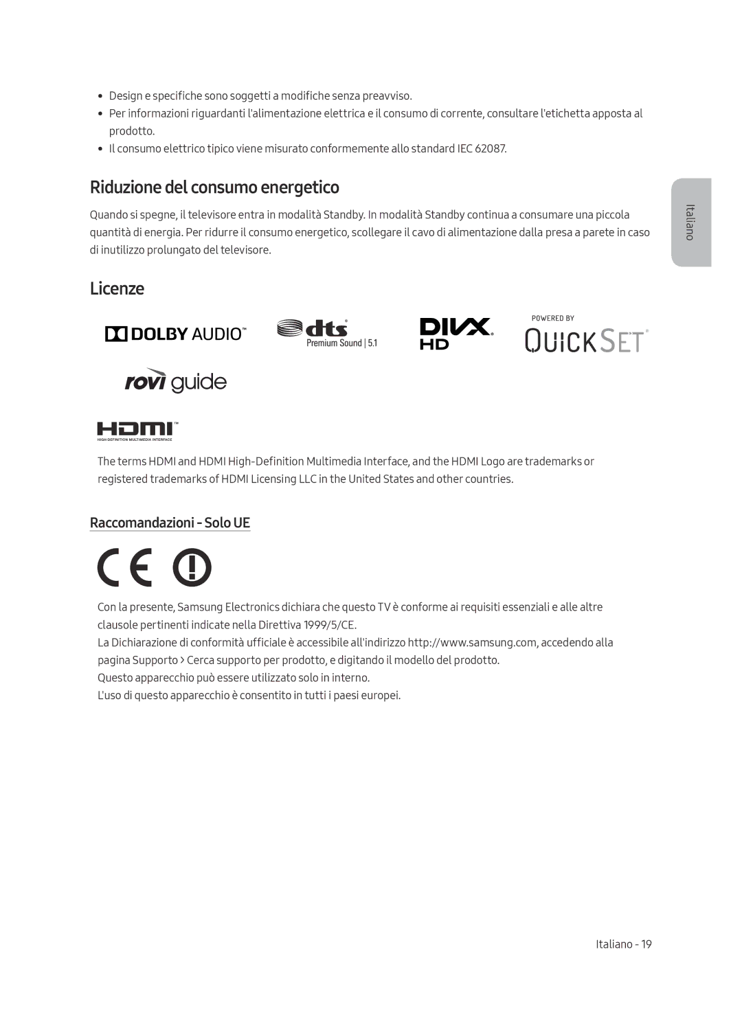 Samsung UE55MU6200KXZT, UE65MU6200KXZT, UE49MU6200KXZT Riduzione del consumo energetico, Licenze, Raccomandazioni Solo UE 