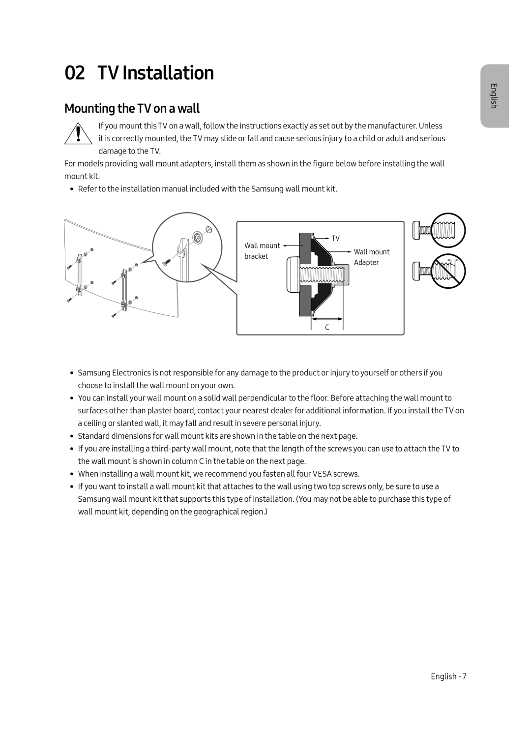 Samsung UE65MU6200KXZT, UE55MU6200KXZT, UE49MU6200KXZT manual TV Installation, Mounting the TV on a wall 