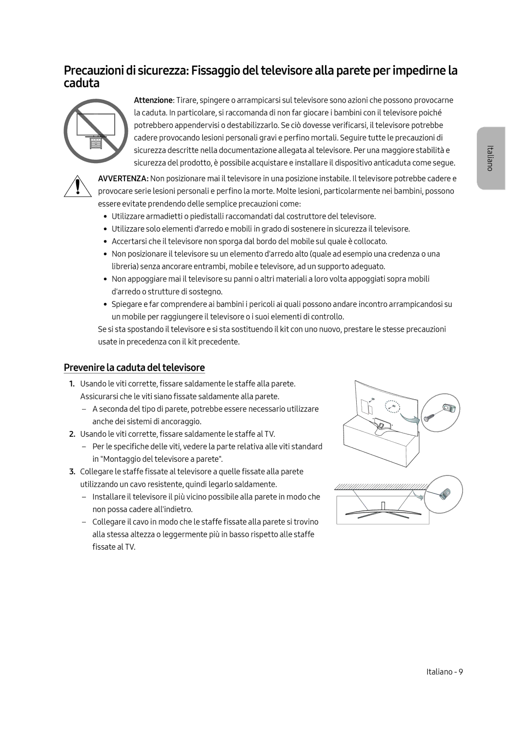 Samsung UE65MU6220KXZT, UE55MU6220KXZT, UE49MU6220KXZT manual Prevenire la caduta del televisore 