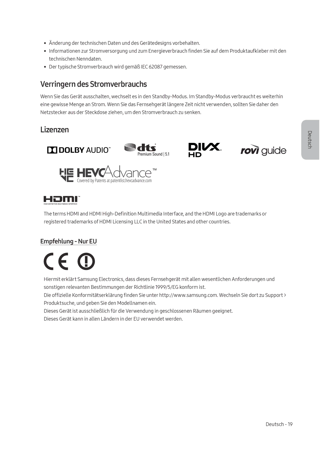 Samsung UE65MU6220KXZT, UE55MU6220KXZT, UE49MU6220KXZT manual Verringern des Stromverbrauchs, Lizenzen, Empfehlung Nur EU 