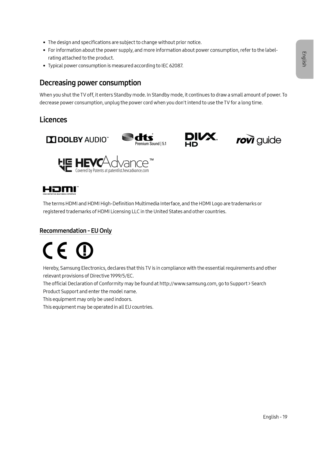 Samsung UE55MU6220WXXN manual Decreasing power consumption, Licences, Recommendation EU Only 