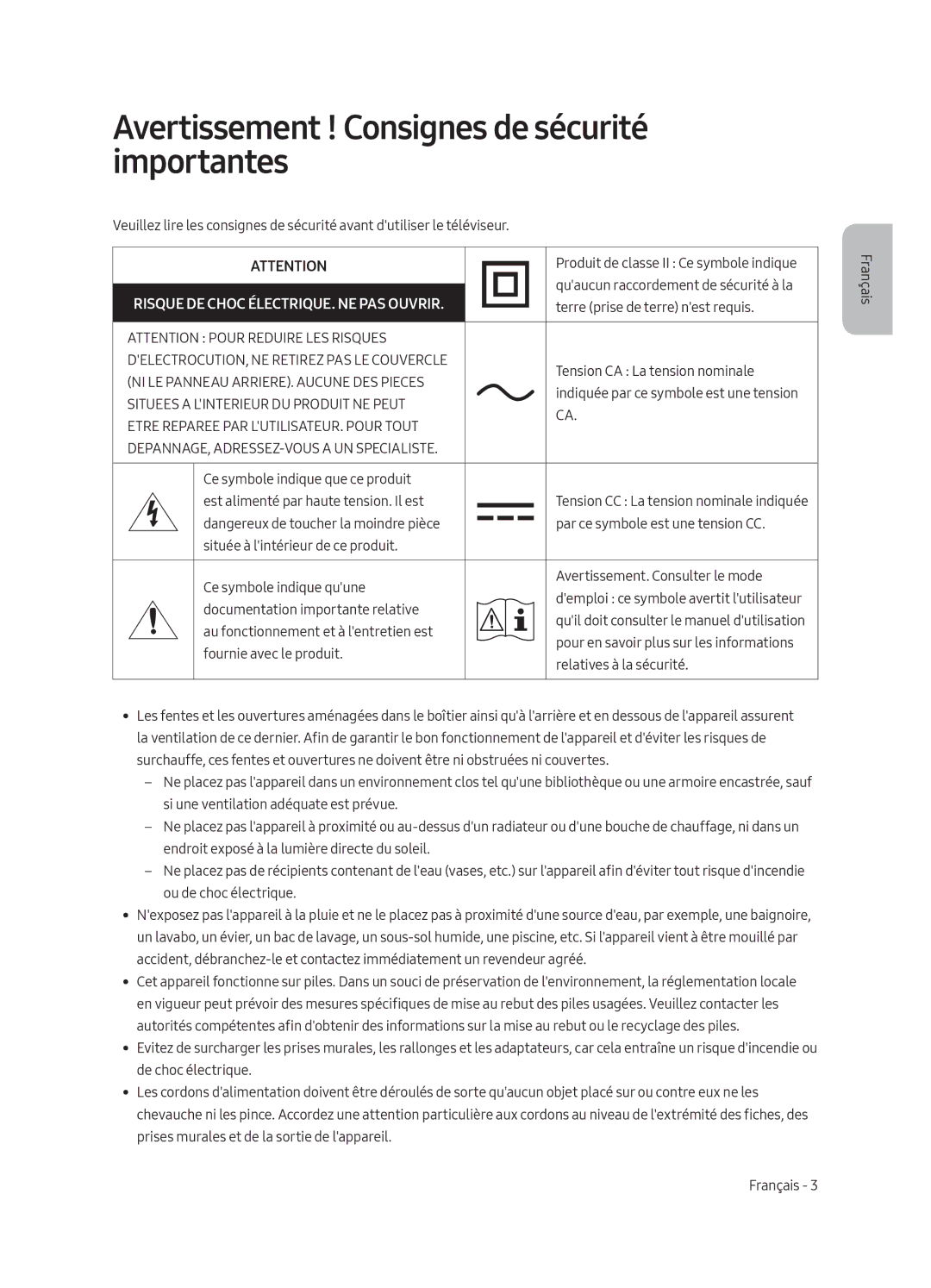 Samsung UE55MU6220WXXN manual Avertissement ! Consignes de sécurité importantes, Risque DE Choc ÉLECTRIQUE. NE PAS Ouvrir 