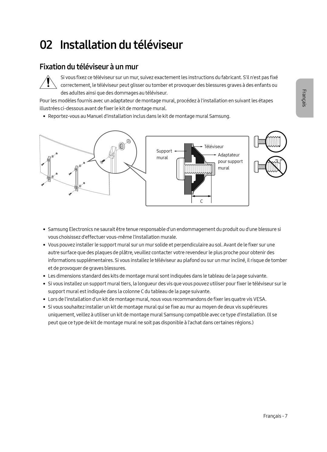 Samsung UE55MU6220WXXN manual Installation du téléviseur, Fixation du téléviseur à un mur 