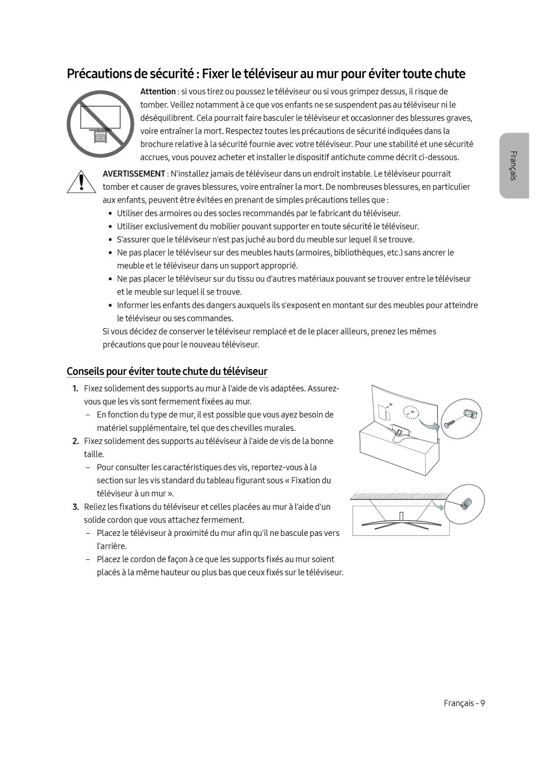 Samsung UE55MU6220WXXN manual Conseils pour éviter toute chute du téléviseur 