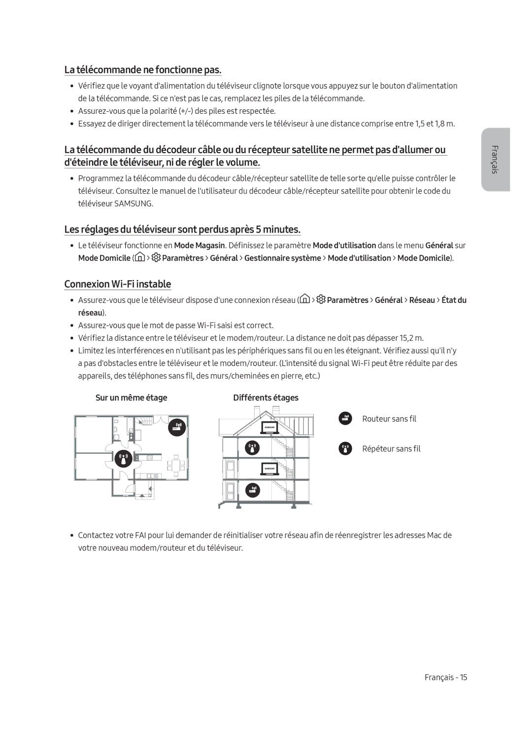 Samsung UE55MU6220WXXN manual La télécommande ne fonctionne pas, Les réglages du téléviseur sont perdus après 5 minutes 