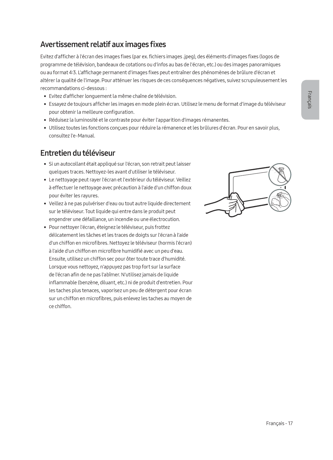 Samsung UE55MU6220WXXN manual Avertissement relatif aux images fixes, Entretien du téléviseur 