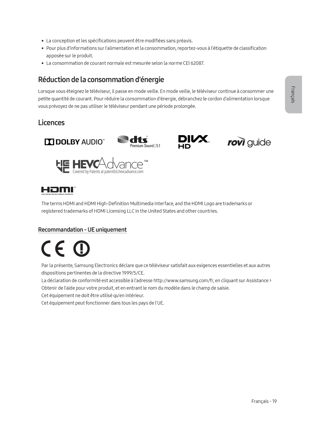 Samsung UE55MU6220WXXN manual Réduction de la consommation dénergie, Recommandation UE uniquement 