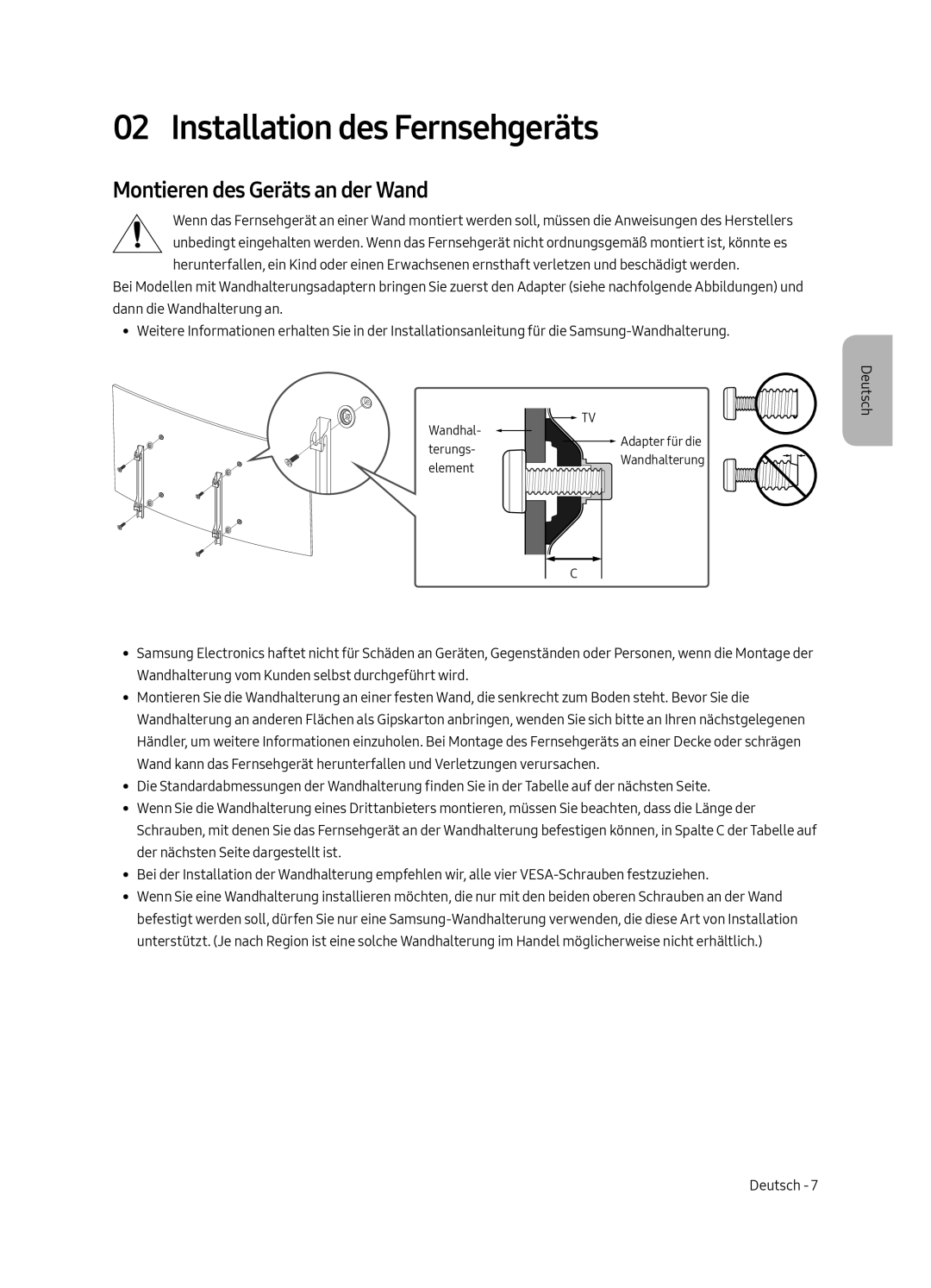 Samsung UE55MU6220WXXN manual Installation des Fernsehgeräts, Montieren des Geräts an der Wand 