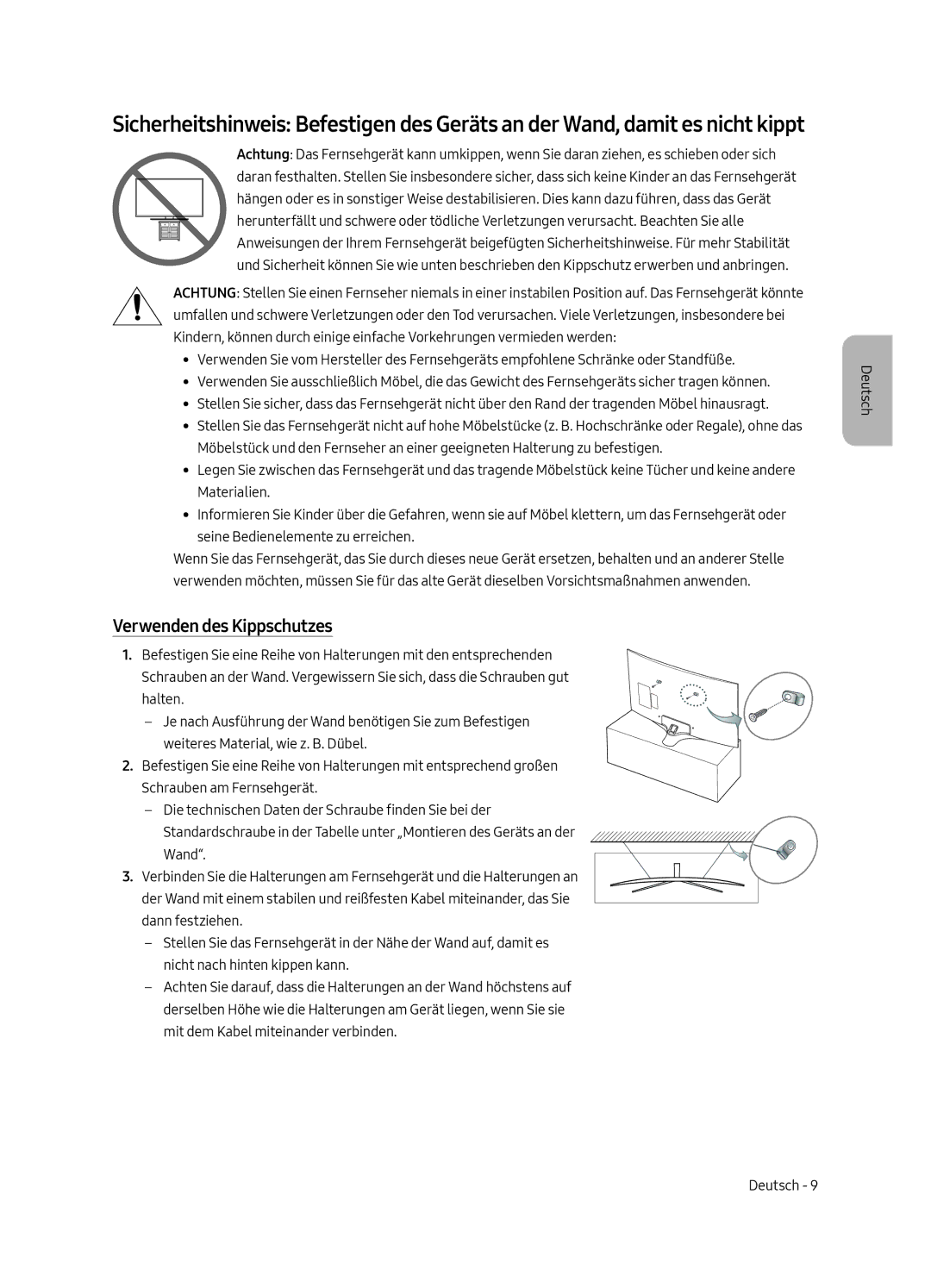 Samsung UE55MU6220WXXN manual Verwenden des Kippschutzes 