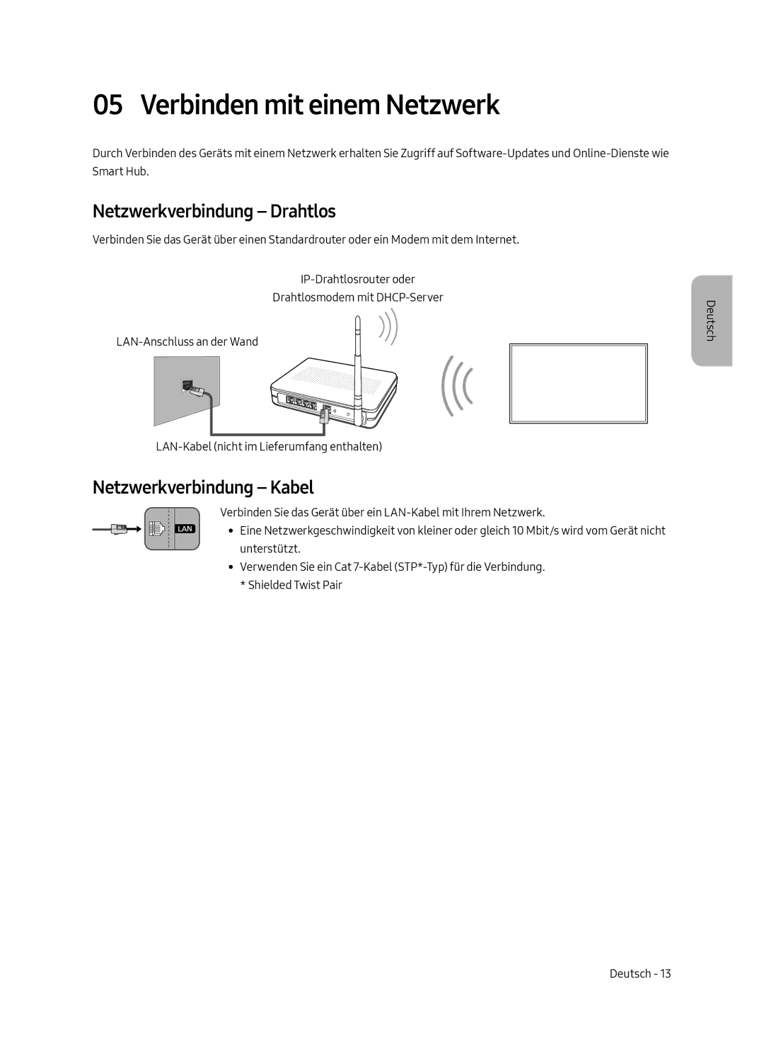 Samsung UE55MU6220WXXN manual Verbinden mit einem Netzwerk, Netzwerkverbindung Drahtlos, Netzwerkverbindung Kabel 
