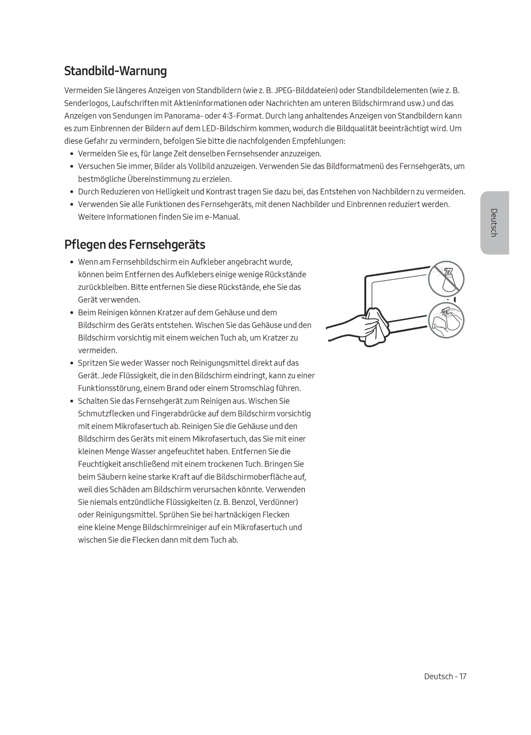 Samsung UE55MU6220WXXN manual Standbild-Warnung, Pflegen des Fernsehgeräts 