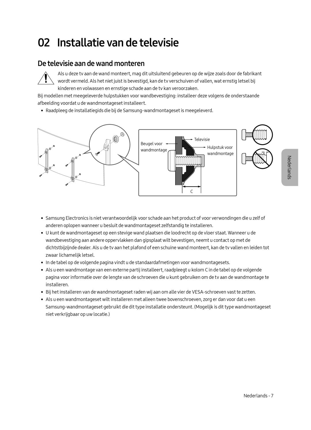 Samsung UE55MU6220WXXN manual Installatie van de televisie, De televisie aan de wand monteren 