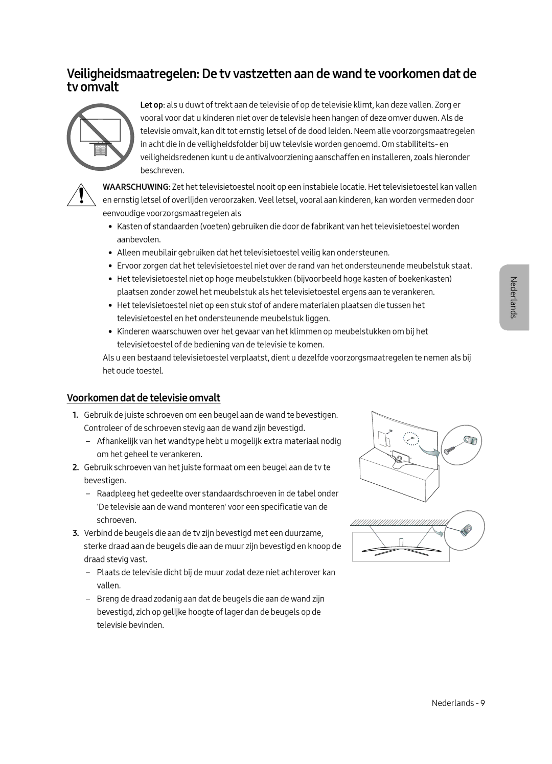 Samsung UE55MU6220WXXN manual Voorkomen dat de televisie omvalt 