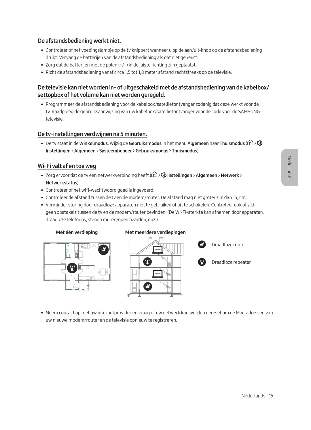 Samsung UE55MU6220WXXN manual De afstandsbediening werkt niet, De tv-instellingen verdwijnen na 5 minuten 