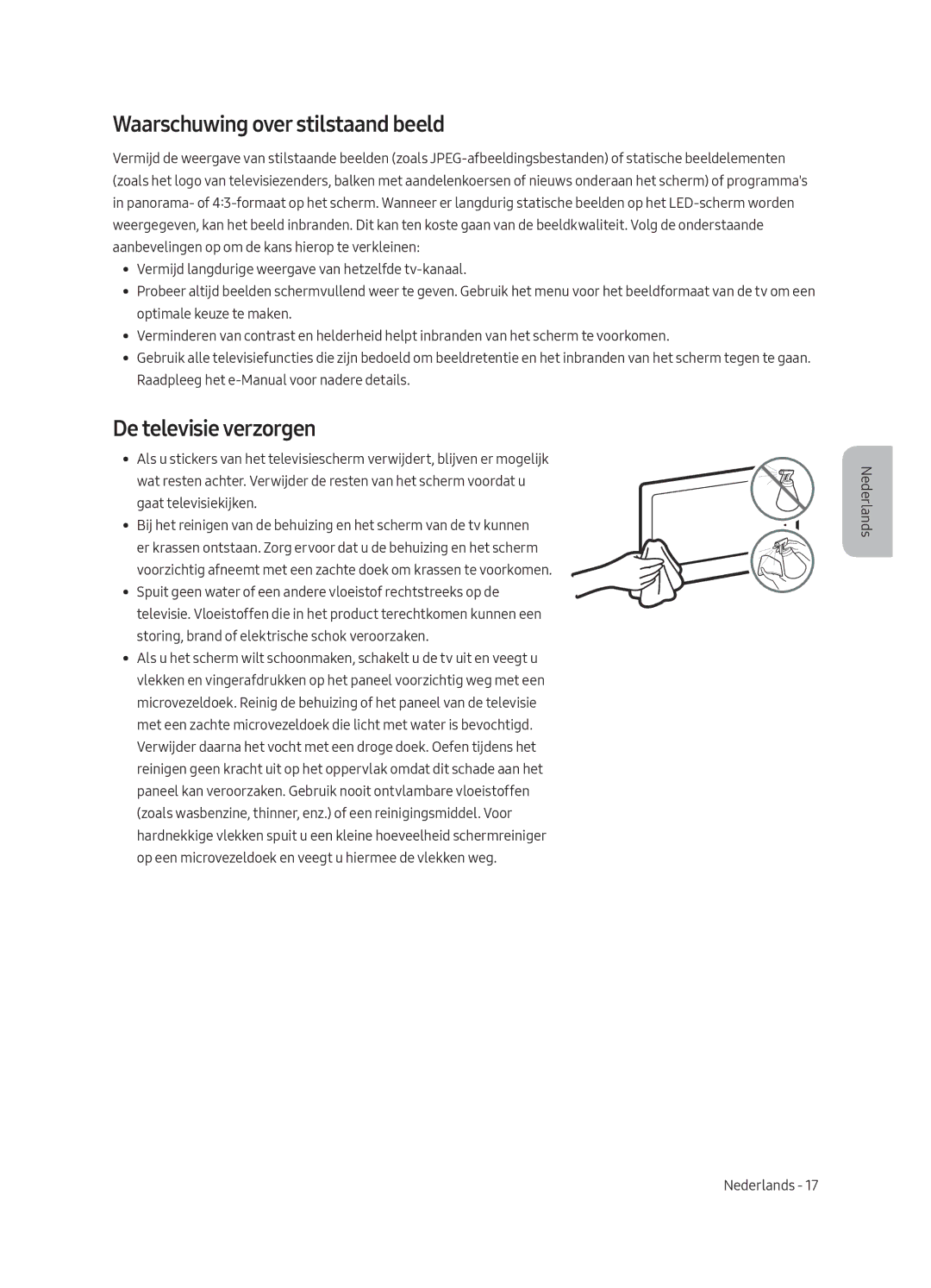 Samsung UE55MU6220WXXN manual Waarschuwing over stilstaand beeld, De televisie verzorgen 