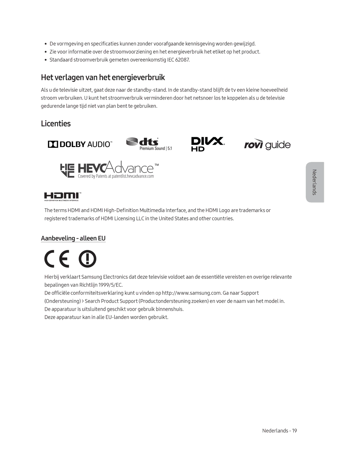 Samsung UE55MU6220WXXN manual Het verlagen van het energieverbruik, Licenties, Aanbeveling alleen EU 